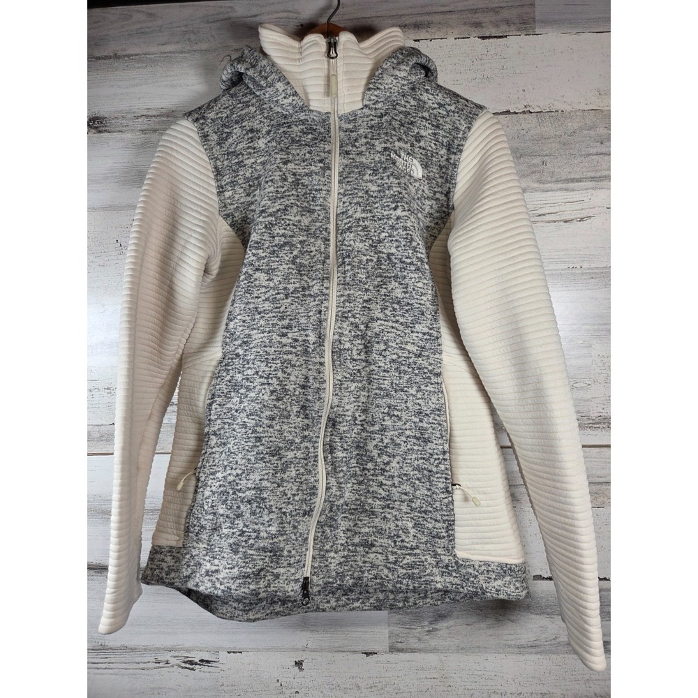 The North Face Womens Small/P Gray Cream Full Zip Hooded‎ Jacket Fleece Knit
